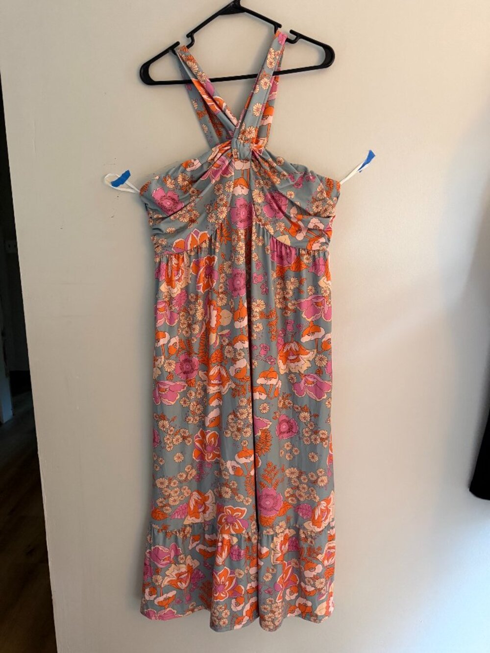 Grace Karin Floral Halter Maxi Dress Retro 70s Boho Sage Coral Pink Size XL